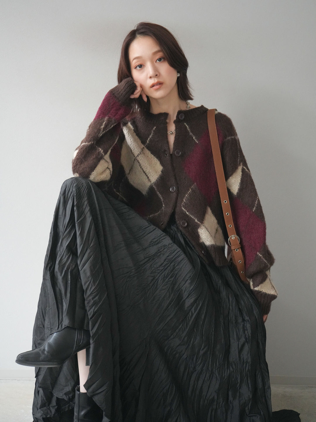 [予約]モヘアタッチアーガイルニットカーディガン/brown