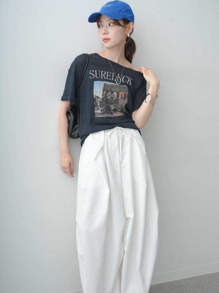[SET]ワイドネックプリントTEE+ベルトループカーブタックワイドパンツ(2set)