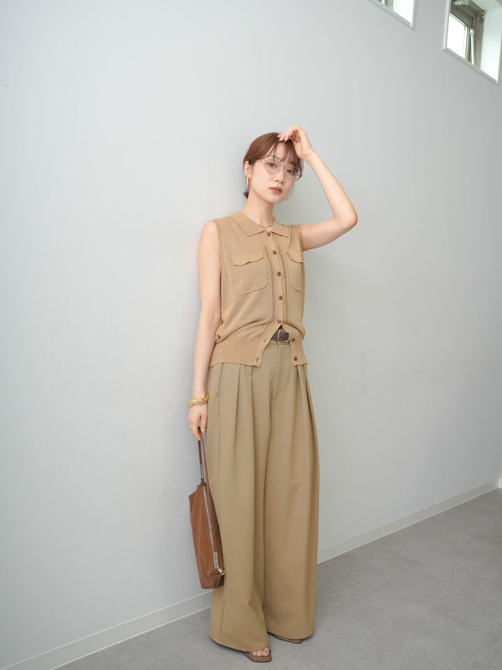 [予約]ダブルポケットポロニットトップス/beige