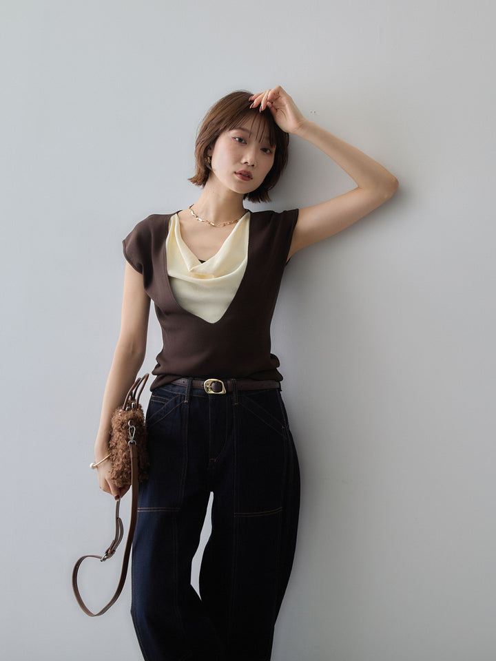 [予約]レイヤードデザインスリムフレンチニットトップス/brown