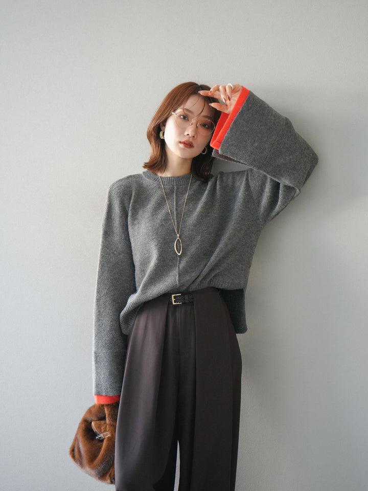 [予約]袖レイヤード配色ニットプルオーバー/charcoal