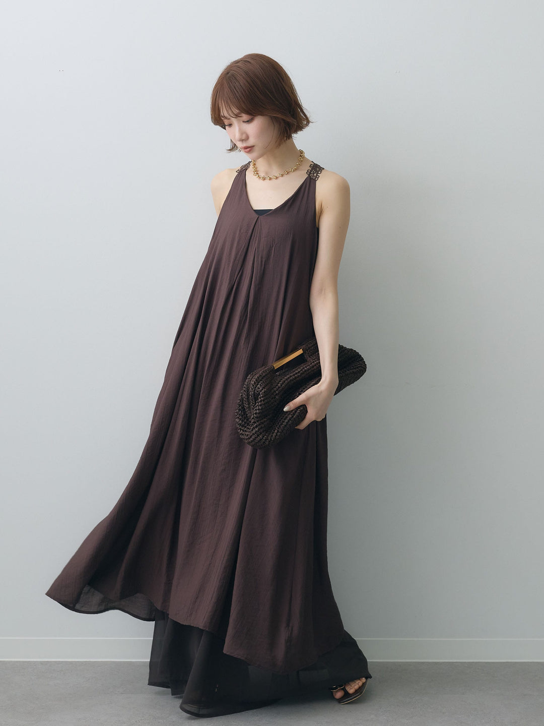 [予約]バックレースレイヤードノースリワンピース/brown