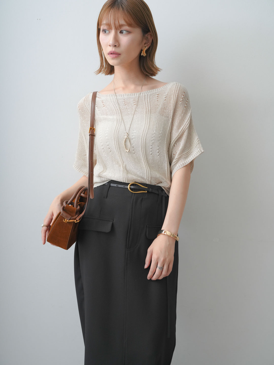 [SET]アイレットサマーニットトップス+クレープデシンフラップ付きストレートスカート(2set)