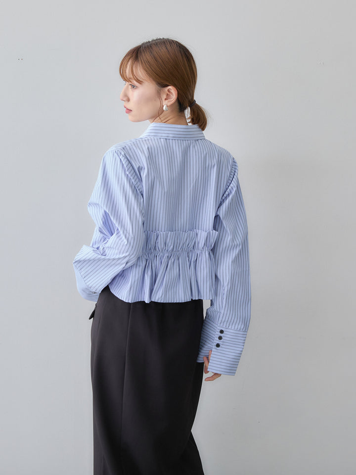[SET]ストライプフリルシャツ+クレープデシンフラップ付きストレートスカート(2set)