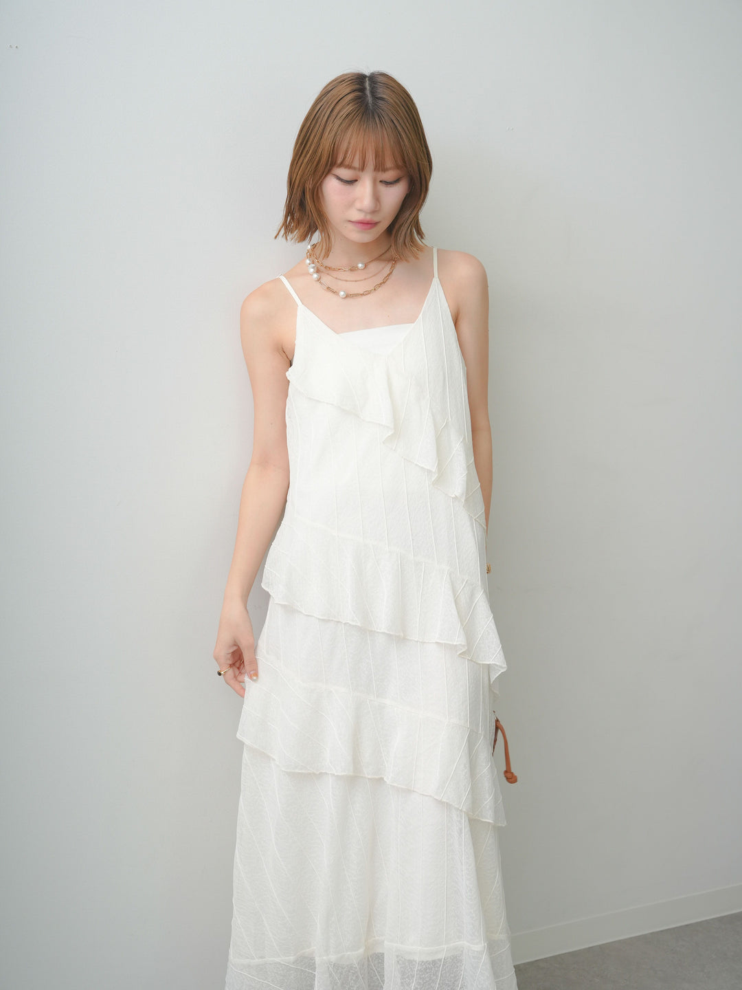 [予約]アシメティアードストライプシームキャミワンピース/ivory