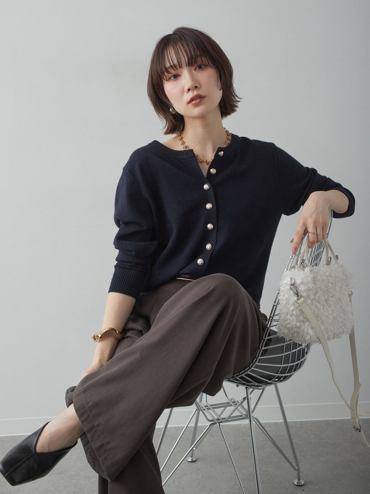 [SET]ゴールドボタンニットカーディガン+ツータックドレープストレートパンツ(2set)