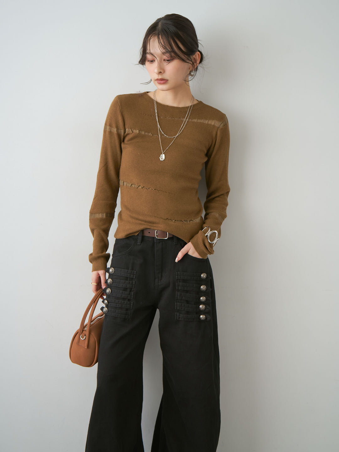 [SET]クラッシュデザインニットトップス+ナポレオンコットンカーブパンツ(2set)