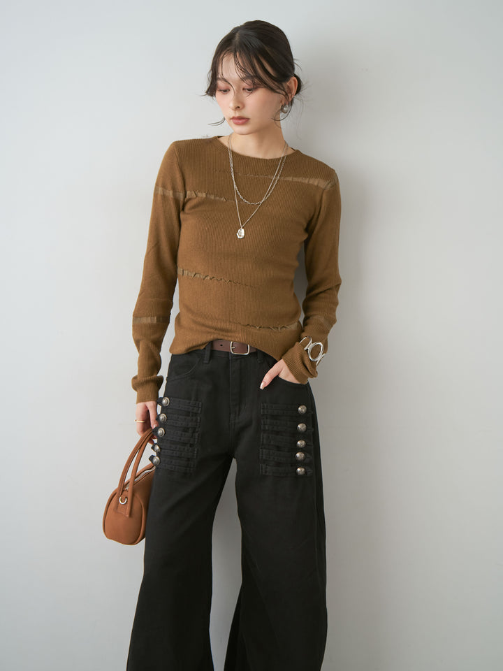 [SET]クラッシュデザインニットトップス+ナポレオンコットンカーブパンツ(2set)