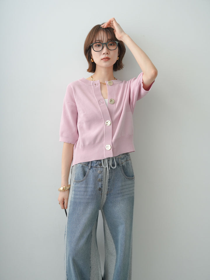 [SET]ゴールドボタンハーフニットカーディガン+デニム切替スウェットパンツ(2set)