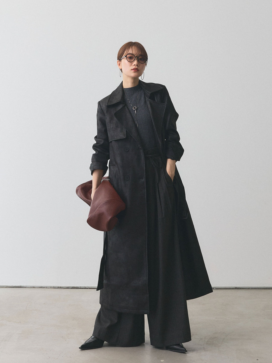 【Allure】[SET]デザインリブハーフニットトップス+ヴィンテージレザートレンチコート(2set)