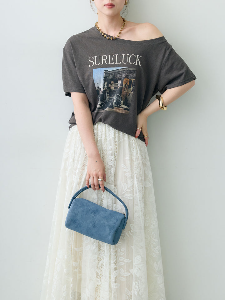 [SET]ワイドネックプリントTEE+ボタニカルパネルレースフレアスカート(2set)