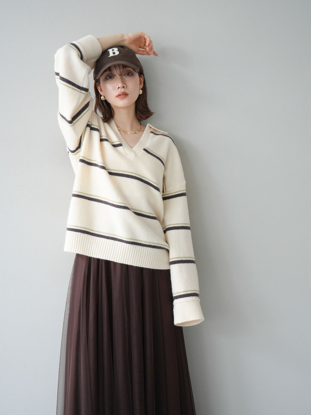 [SET]ポロ襟スキッパーボーダーニットプルオーバー+チュールボリュームスカート(2set)