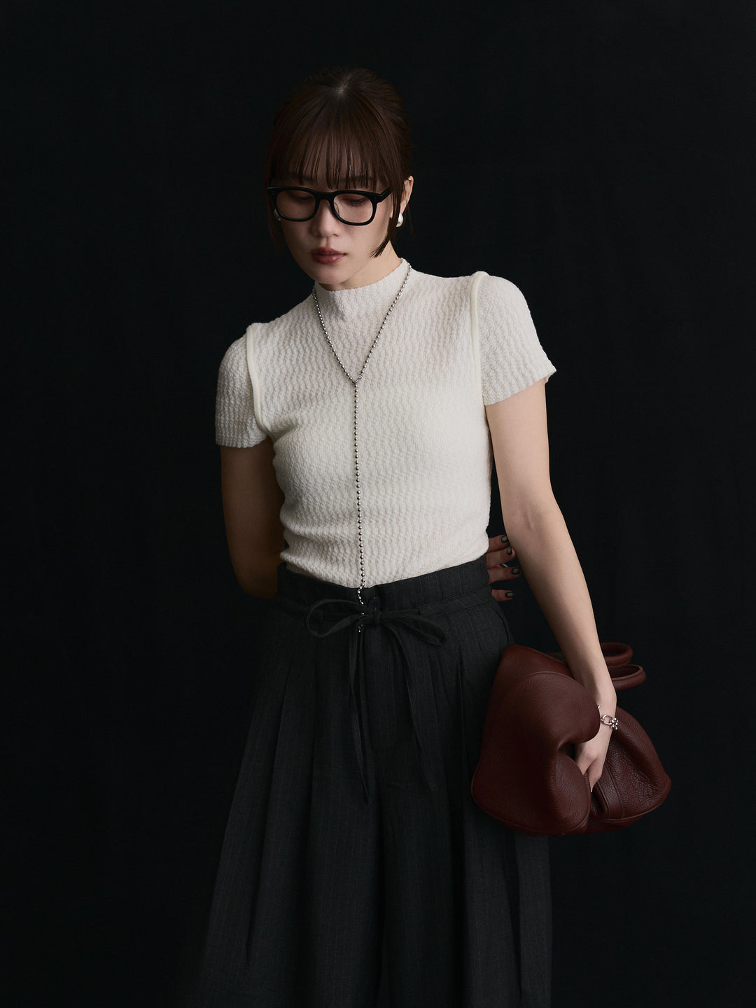 【Allure】[SET]デザインリブハーフニットトップス+ウールライクストライプワイドパンツ(2set)