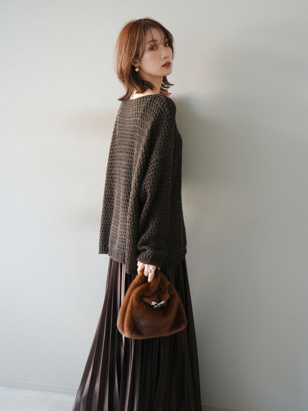 [予約]ネップ透かし編みオーバーニット/brown