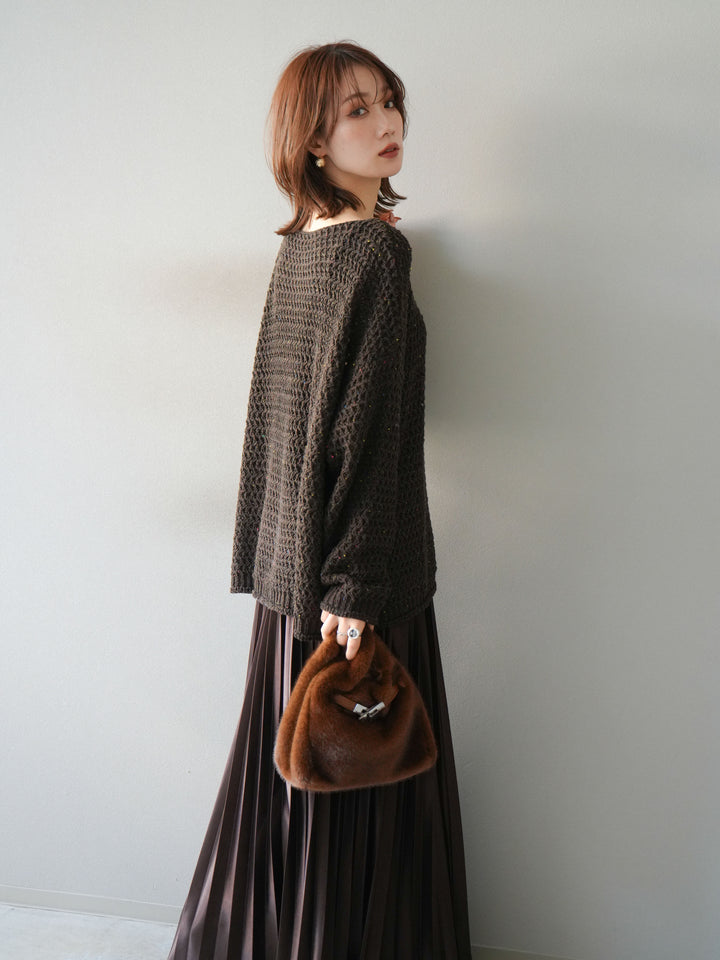 [予約]ネップ透かし編みオーバーニット/brown