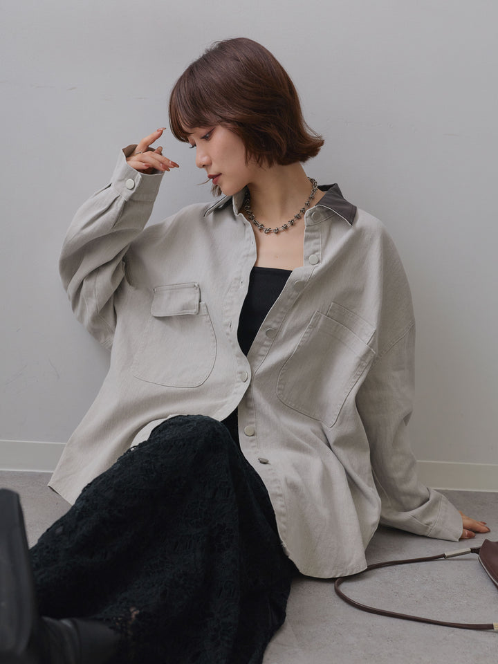 [SET]レザーカラーデザインポケットオーバーシャツ+カップ付テレコリブベアキャミソール+ベロアレースIラインスカート(3set)