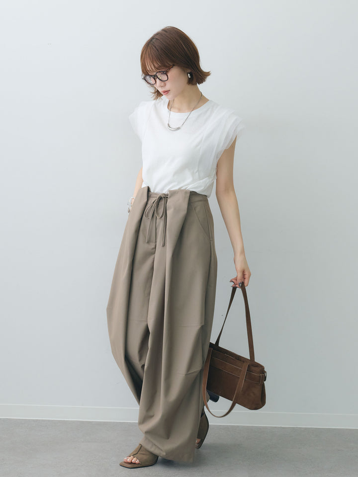[SET]ショルダーチュールノースリTEE+ベルトループカーブタックワイドパンツ(2set)