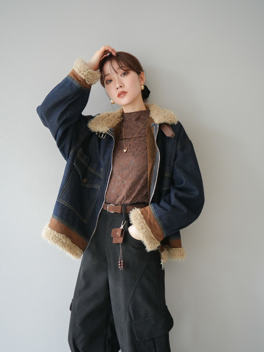 [予約]スタンドカラーファー×デニムジャケット/indigo