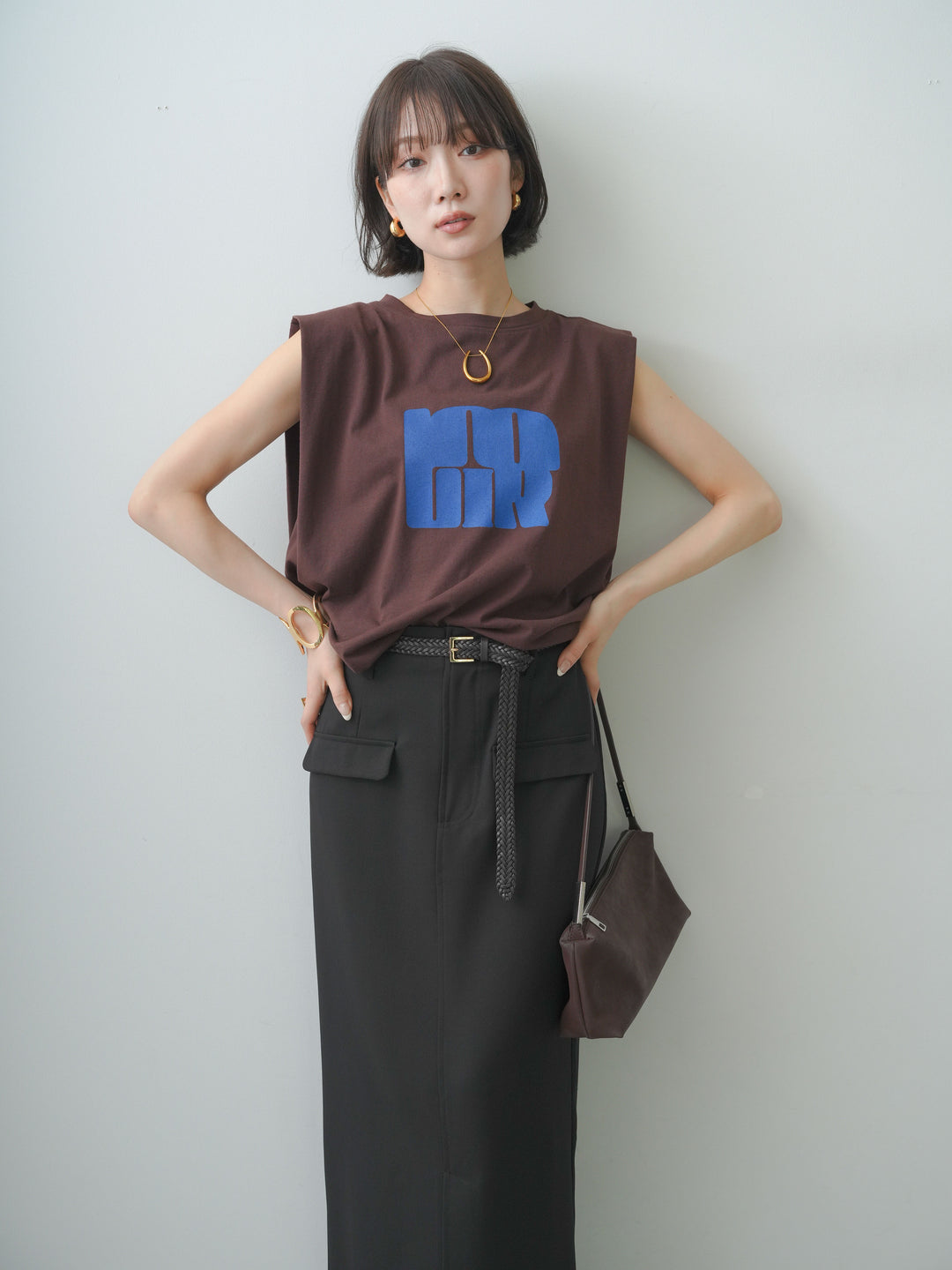 [SET]ショルダータックノースリーブオーバーTEE+ショルダータックノースリーブオーバーTEE+クレープデシンフラップ付きストレートスカート(3set)