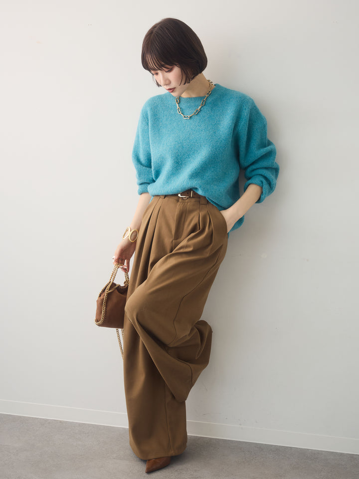 [SET]ソフトヘアリークルーネックニットトップス+ダブルタックドレープストレートワイドパンツ(2set)