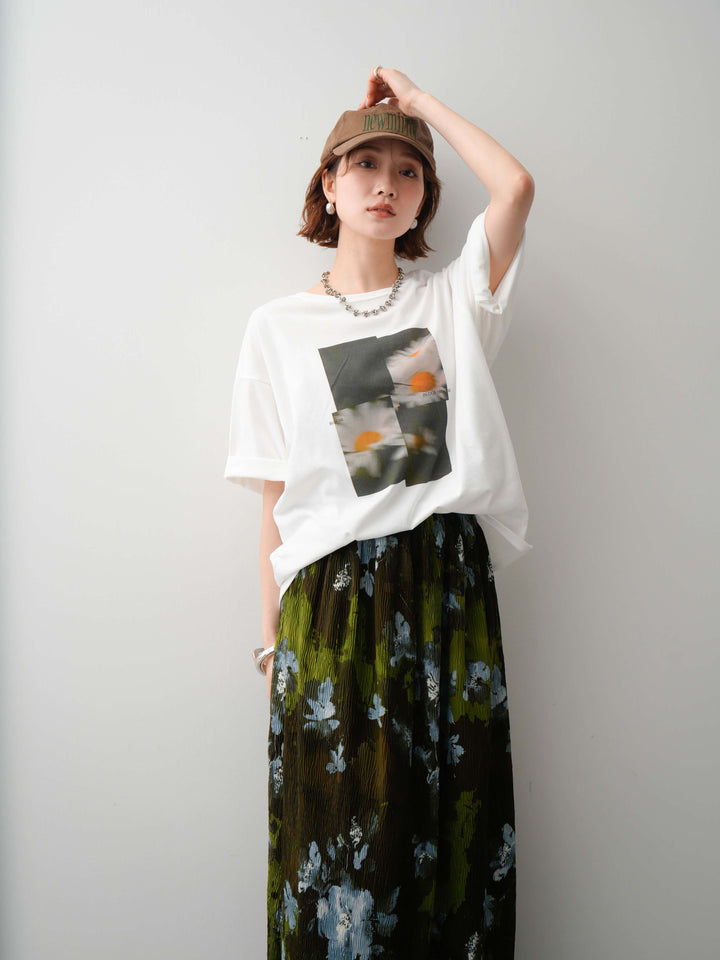 【着回しセット】フラワーフォトTEE+フラワープリントドレープタックパンツ+フラワープリントIラインギャザースカート(3set)