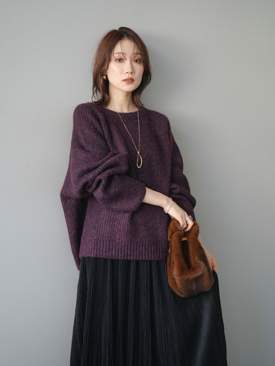 [予約]クルーネック畦編みミックスニット/bordeaux
