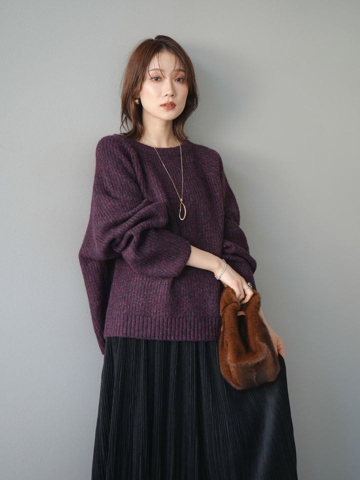 [予約]クルーネック畦編みミックスニット/bordeaux