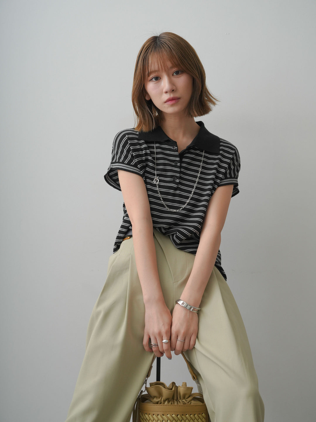 [SET]ポロニットボーダートップス+アシンメトリーベルトタックワイドパンツ(2set)