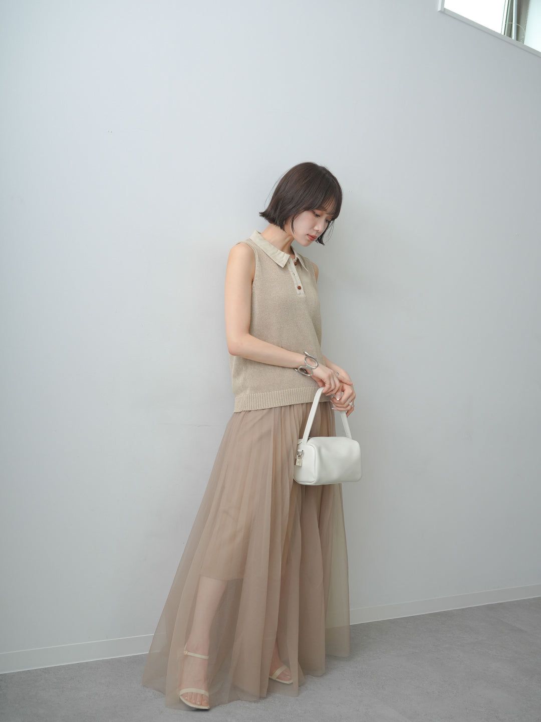 [予約]ポロカラーシアーノースリニットトップス/beige