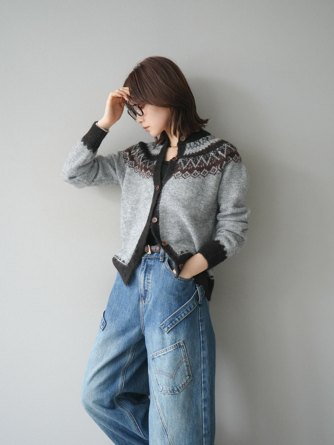 [SET]ノルディック柄ニットカーディガン+ペインターカーブデニムパンツ(2set)