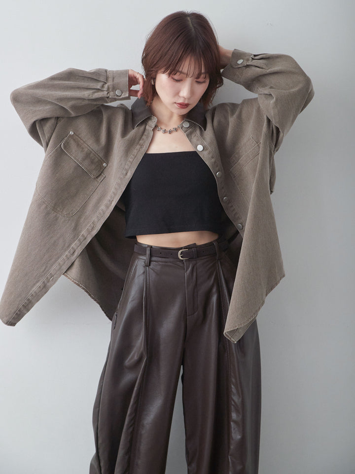 [予約]レザーカラーデザインポケットオーバーシャツ/brown