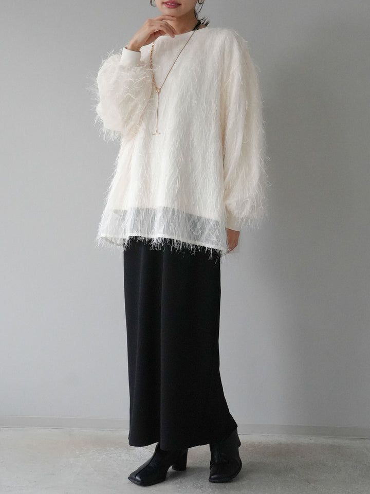 【預購】流蘇薄紗多層抓絨套頭衫/象牙色
