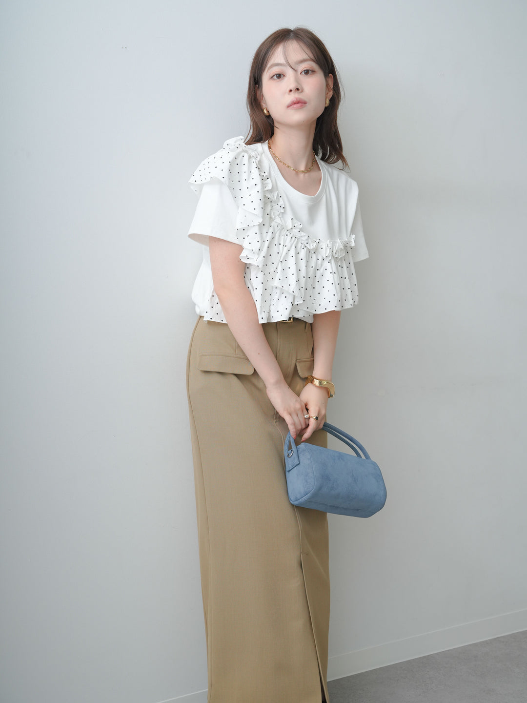 [SET]ドットギャザーフリルデザインTEE+クレープデシンフラップ付きストレートスカート(2set)