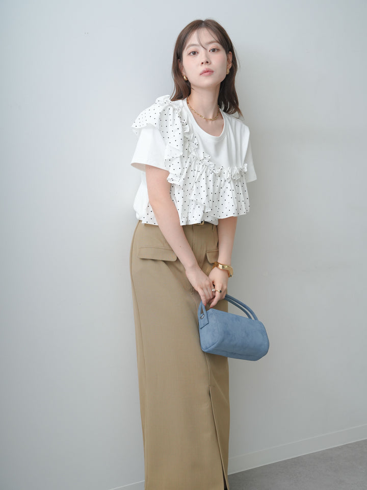 [SET]ドットギャザーフリルデザインTEE+クレープデシンフラップ付きストレートスカート(2set)