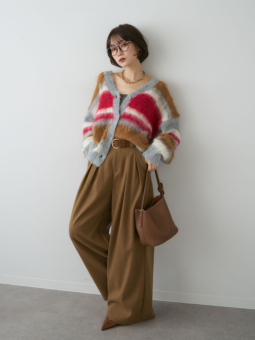 [SET]カラフルシャギーボーダーカーディガン+ダブルタックドレープストレートワイドパンツ(2set)