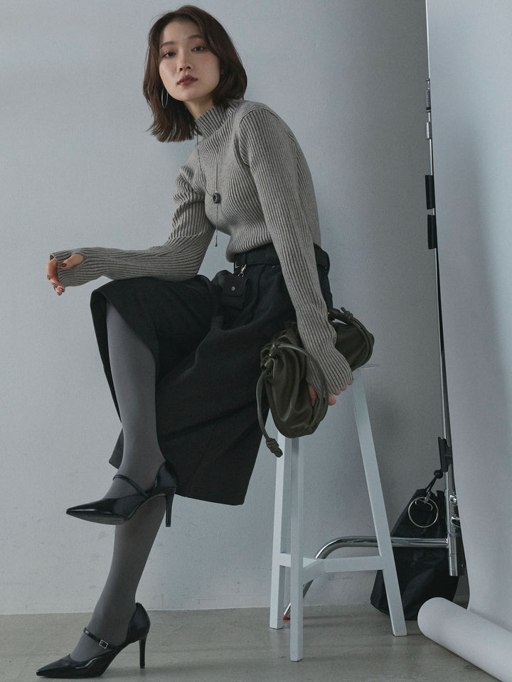 【Allure】[SET]プレーティングハイネックプルオーバー+ベルト付ウールタッチミディアムパンツ(2set)