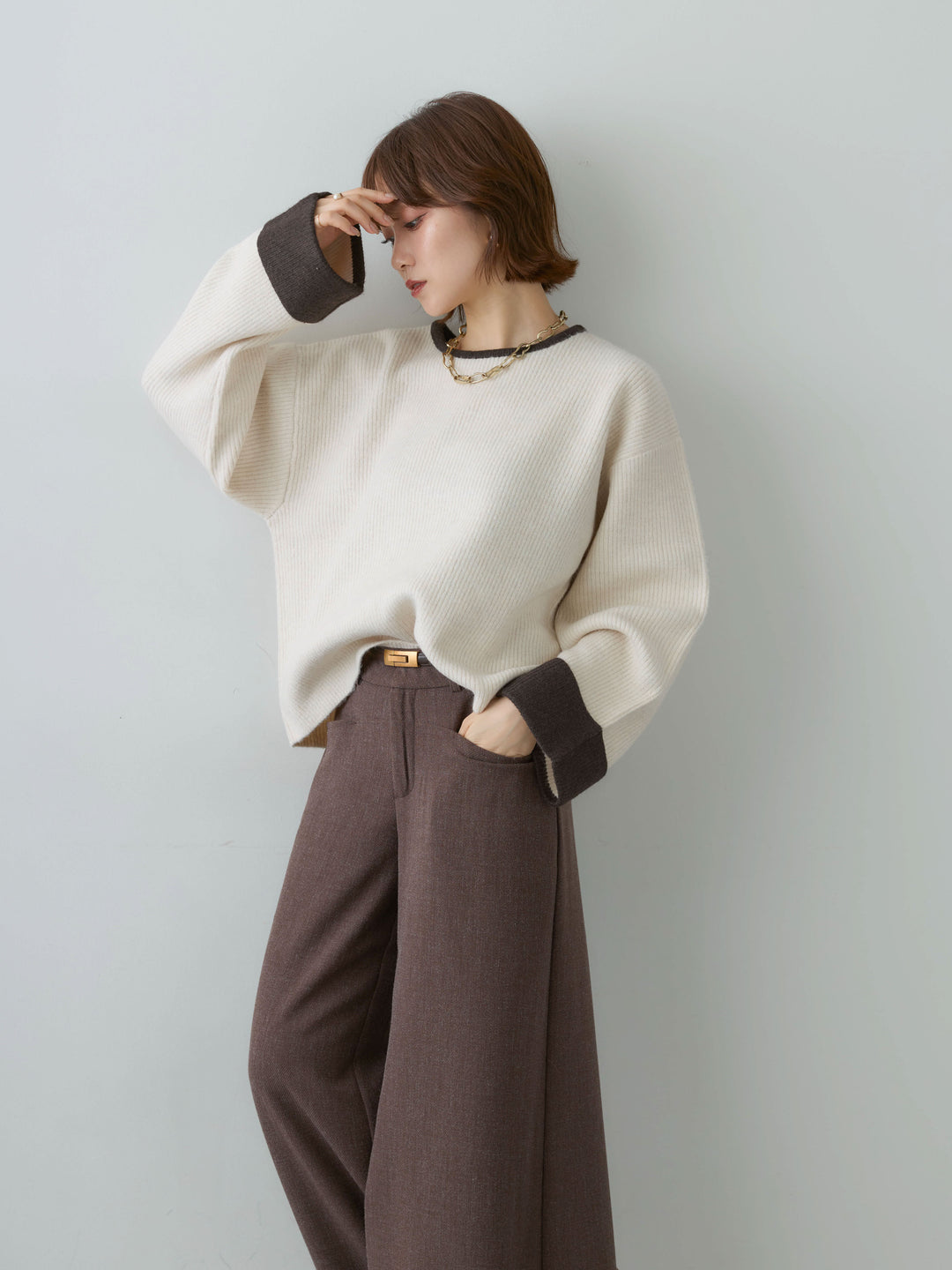 [SET]バイカラーリブニットトップス+ベルト付ポケットデザインワイドストレートパンツ(2set)