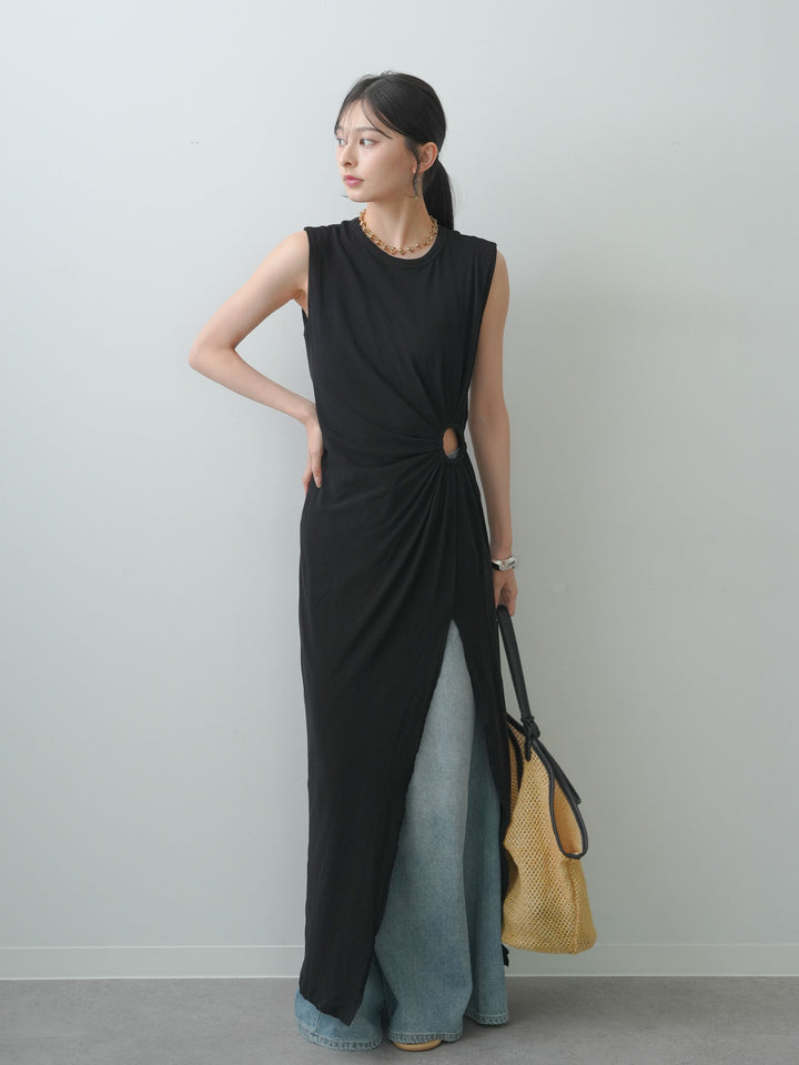 [SET]リングギャザースリットワンピース+アシンメトリーウエストワイドデニム(2set)