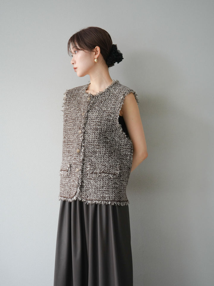[予約]ミックスツイードフリンジニットベスト/ブラウン