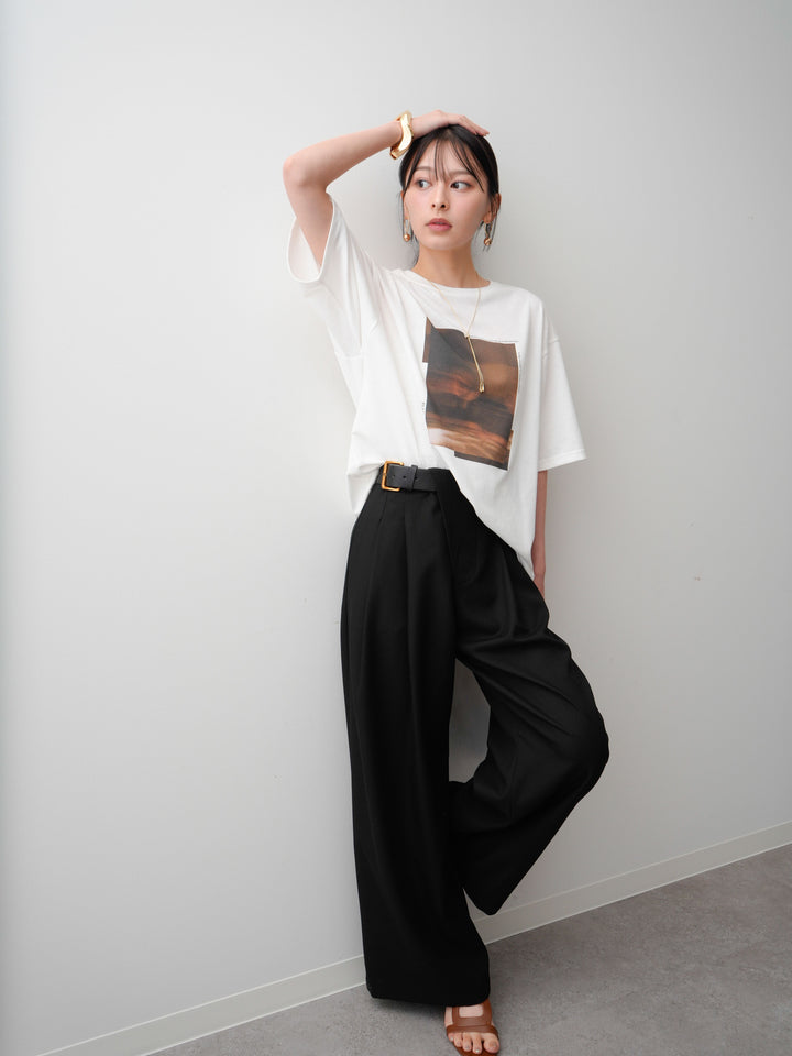 [SET]フォトプリントロゴTEE+アシンメトリーベルトタックワイドパンツ(2set)