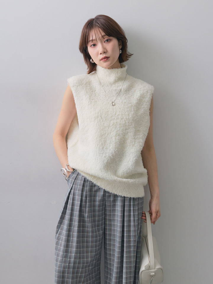 [SET]テディハイネックノースリベスト+チェックドレープワイドパンツ(2set)
