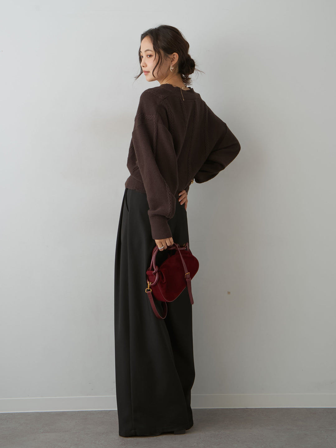 [SET]カシュクールミックスケーブルニットトップス+ベルトループデザインワイドパンツ(2set)