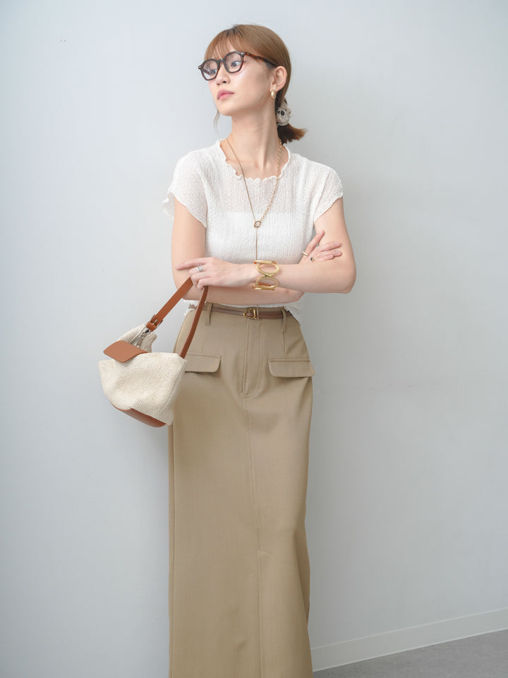 [SET]シャーリングシアーバックオープンフレンチトップス+クレープデシンフラップ付きストレートスカート(2set)