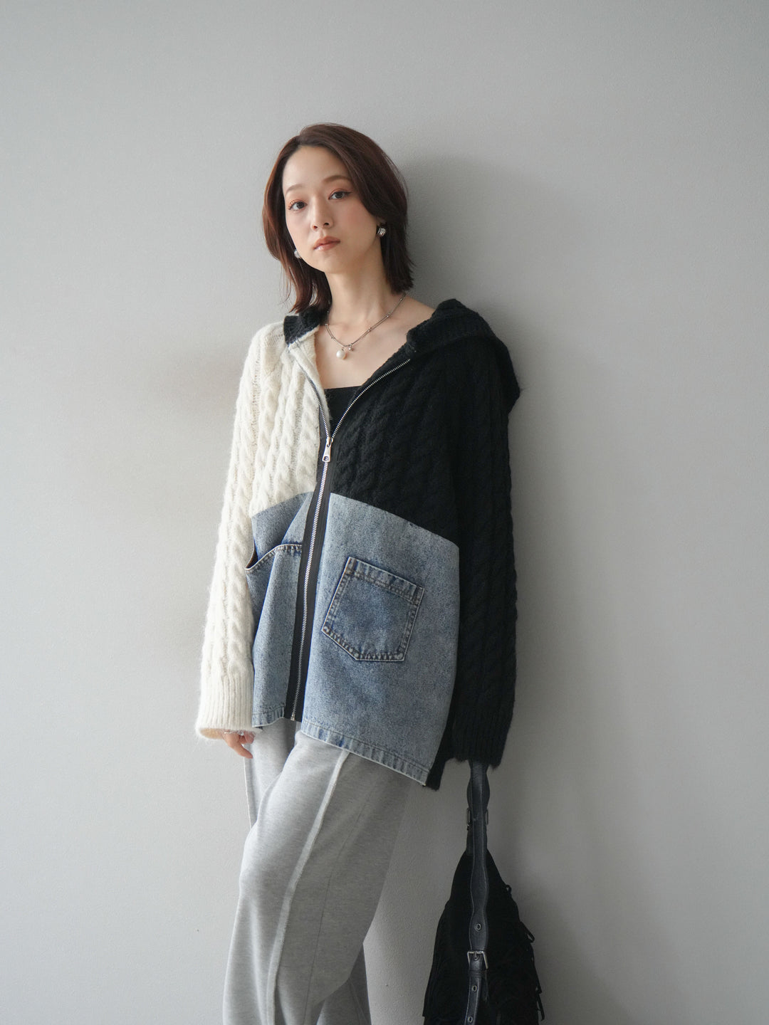 [予約]デニム×バイカラーニットZIPフーディ/black