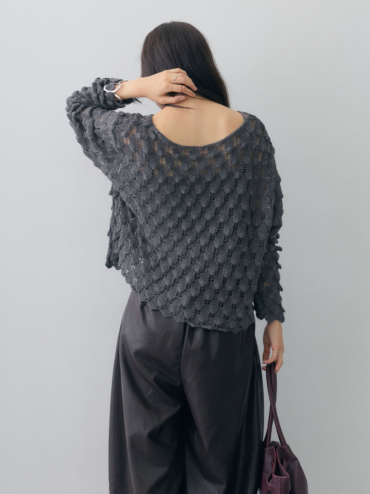 [SET]テクスチャードスカラップニットトップス+フェイクレザーワイドパンツ(2set)