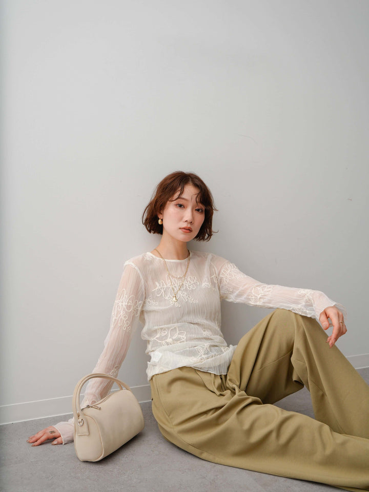 [予約]コード刺繍シアーロングスリーブトップス/ivory