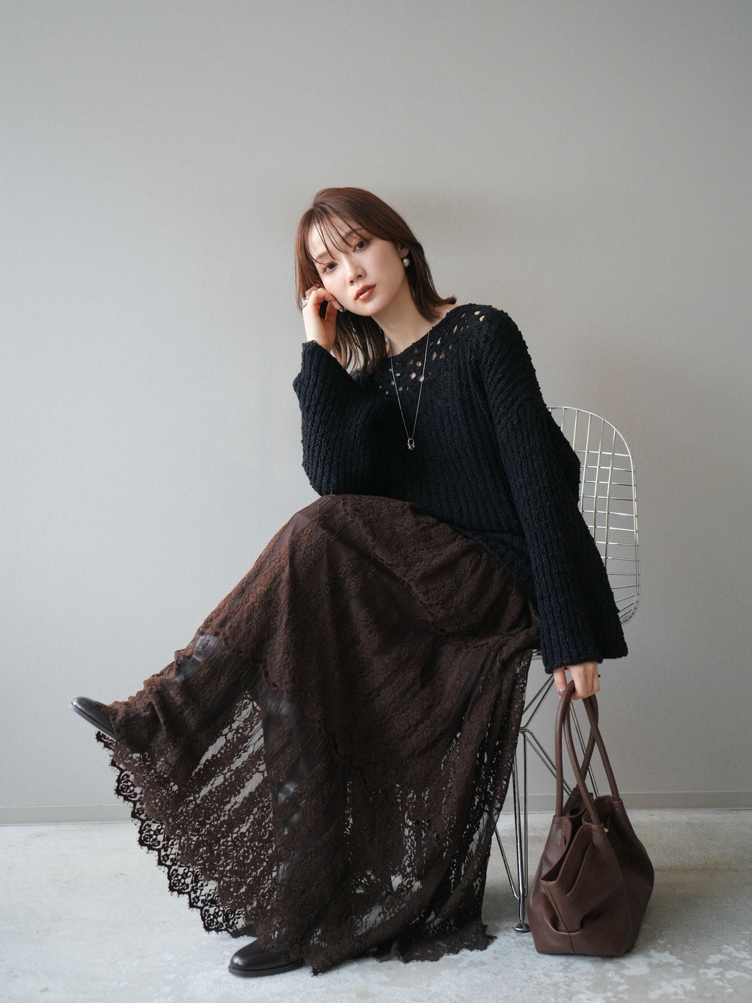 [予約]ボートネック透かし編みニットプルオーバー/navy