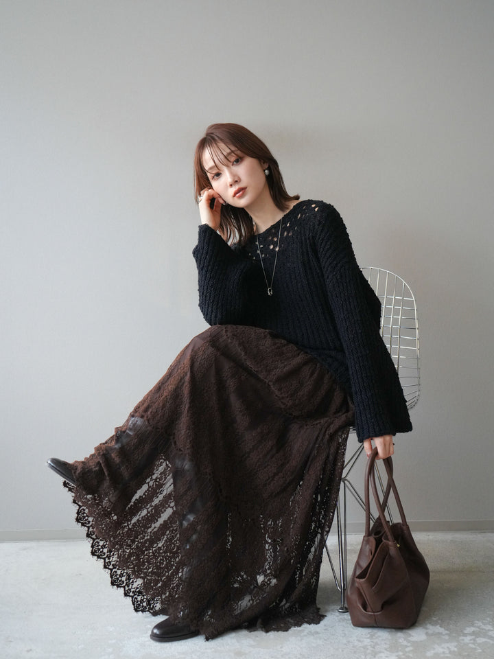 [予約]ボートネック透かし編みニットプルオーバー/navy