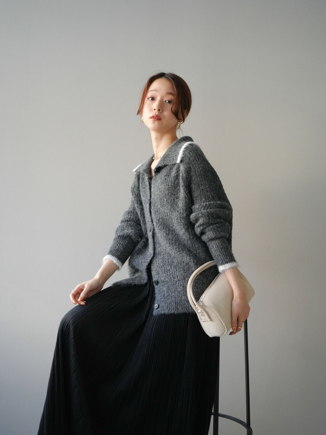 [予約]襟付きバイカラーミックスニットカーディガン/gray