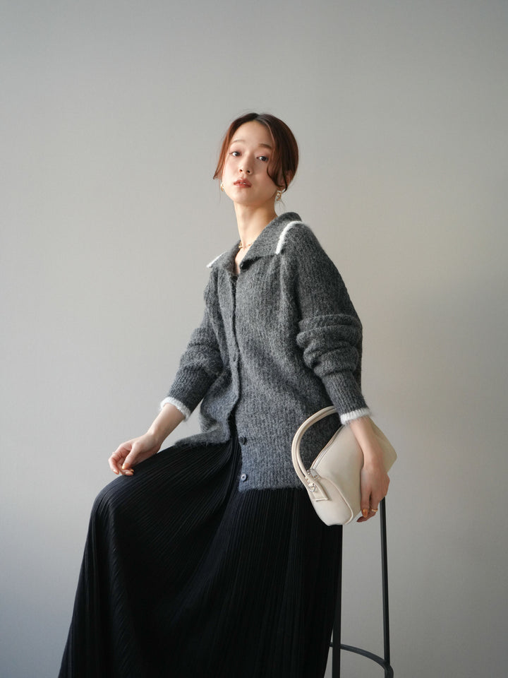 [予約]襟付きバイカラーミックスニットカーディガン/gray